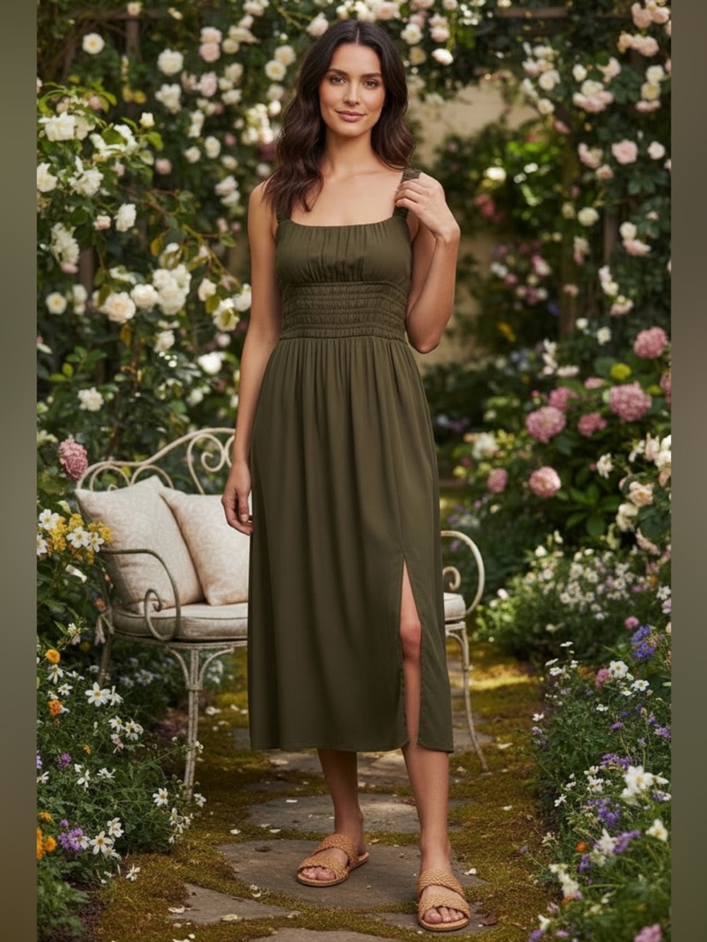La Ligne Silk Smocked Bodice Midi Dress Olive Green Size Medium Luxury Cottage